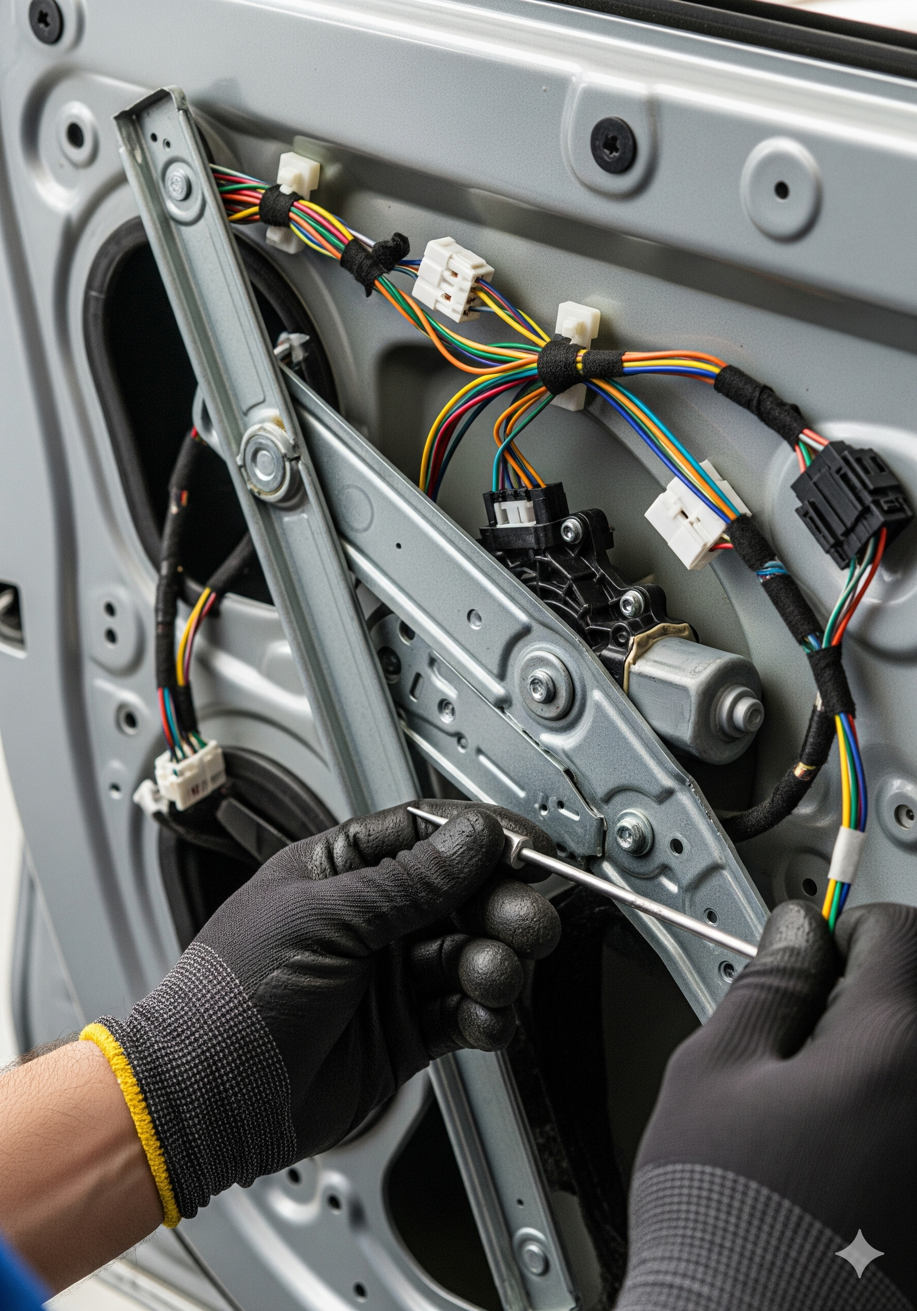 Técnico reparando el mecanismo de una ventanilla eléctrica